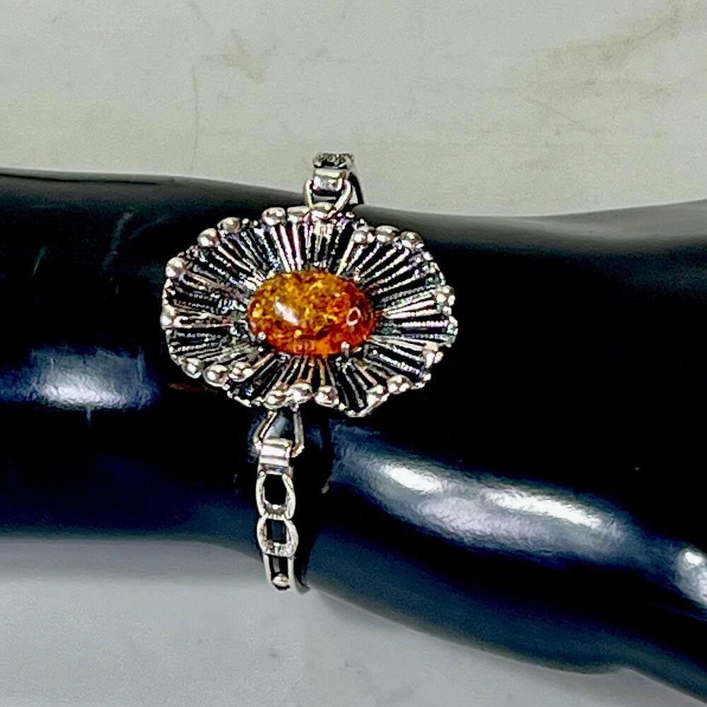 Sterling Silver Baltic Amber Floral Bracelet Oval Cabochon Statement 925